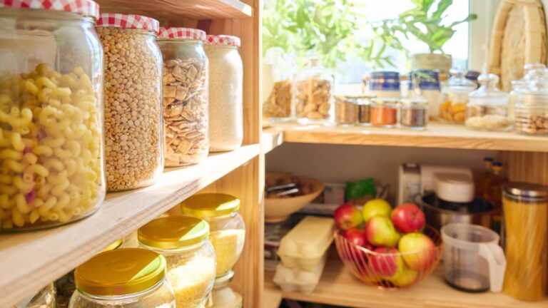 Fully stocked pantry of a kitchen.