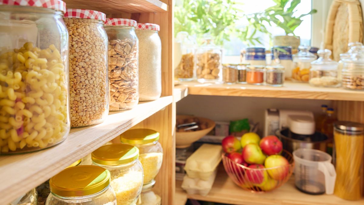 Fully stocked pantry of a kitchen.