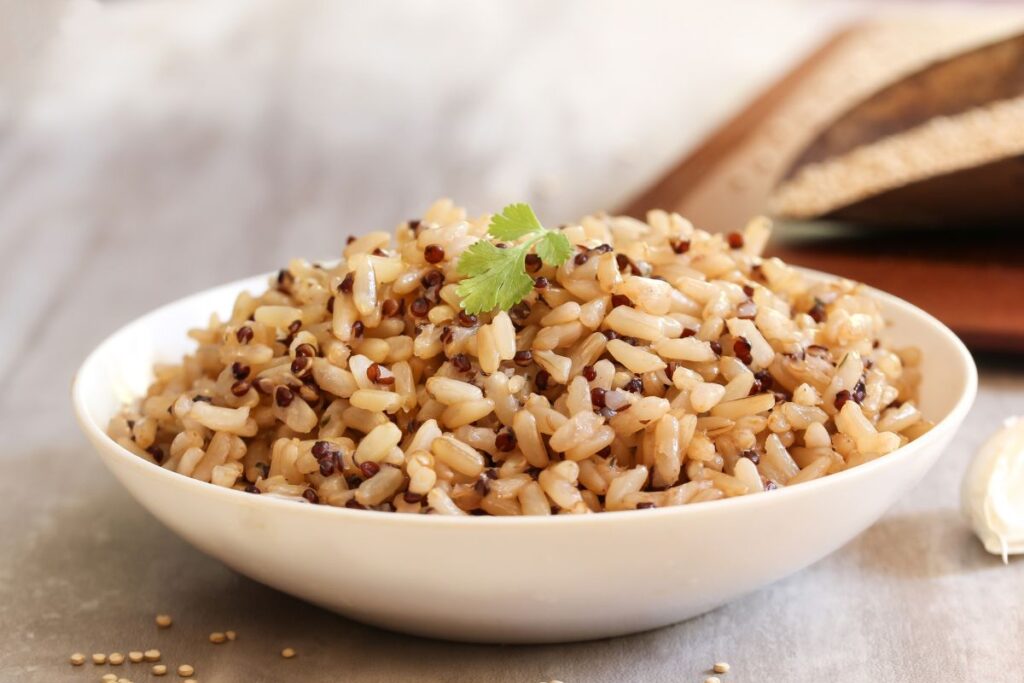 A bowl of cooked brown rice.
