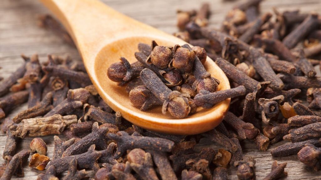 Wooden spoon filled with whole cloves surrounded by scattered cloves.