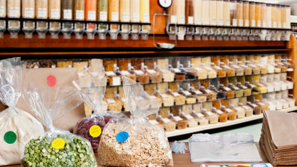 Bulk bins filled with grains, beans, and oats in clear dispensers.