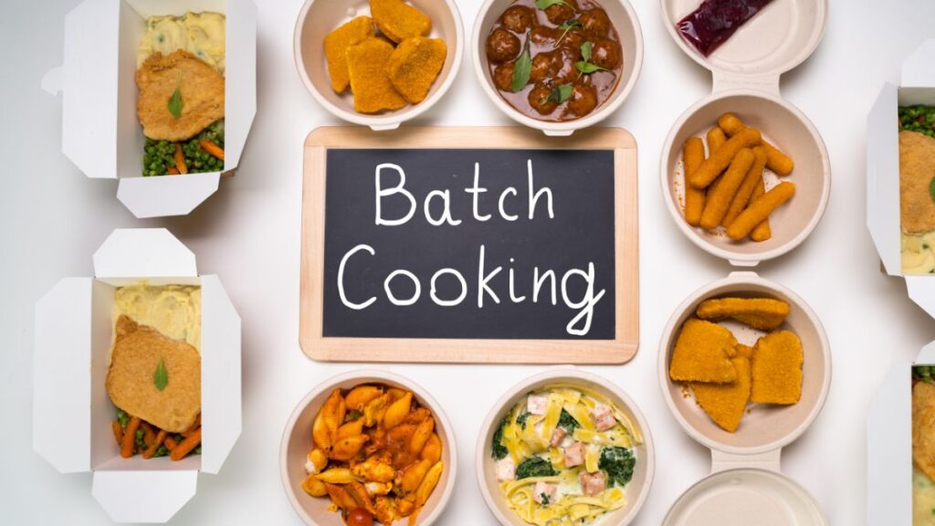 Assorted ready-made meals with a chalkboard sign reading batch cooking.