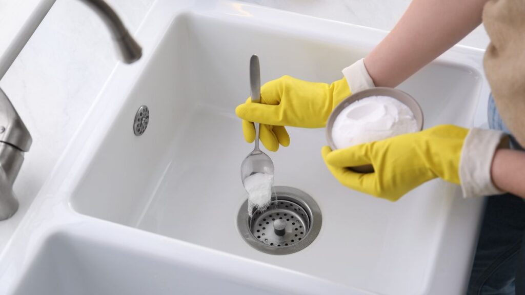 Pouring baking soda into sink drain to help unclog pipes.