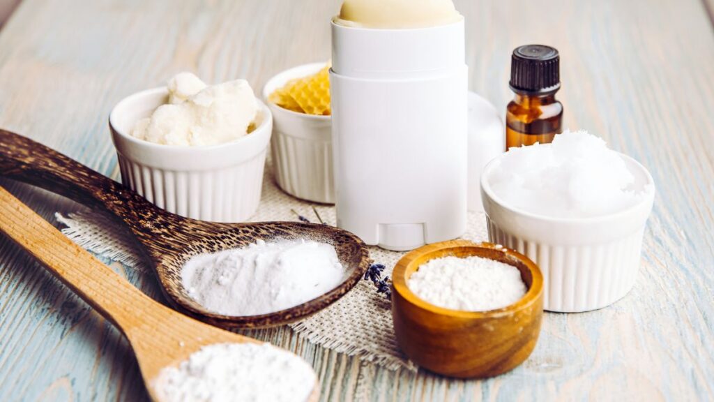 Homemade natural deodorant made with baking soda and oils.