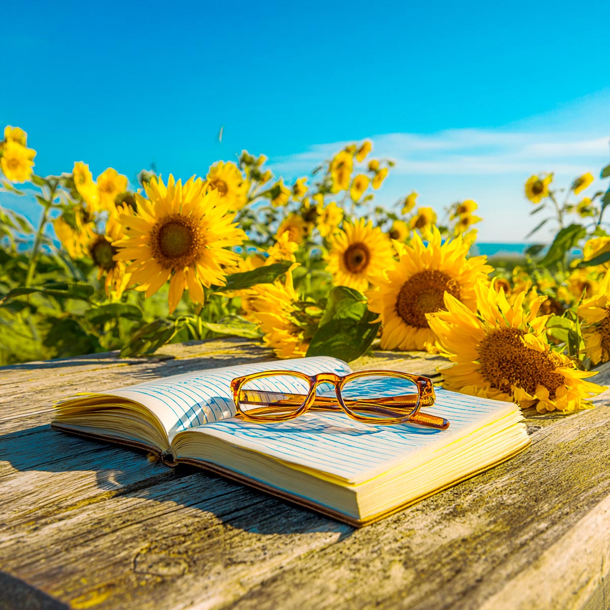 Book and glasses on a wooden table in a sunflower garden.