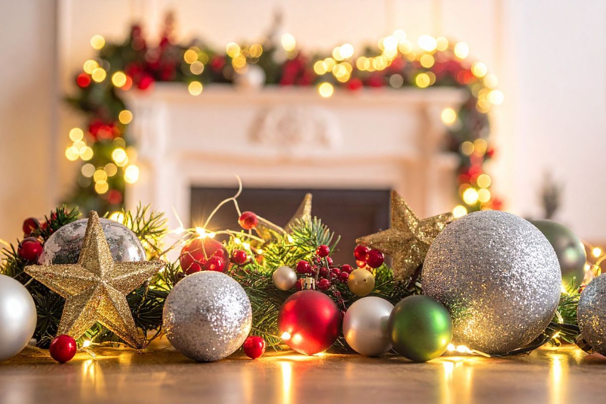 Festive Christmas decorations with ornaments, garland, and glowing holiday lights on a mantel.