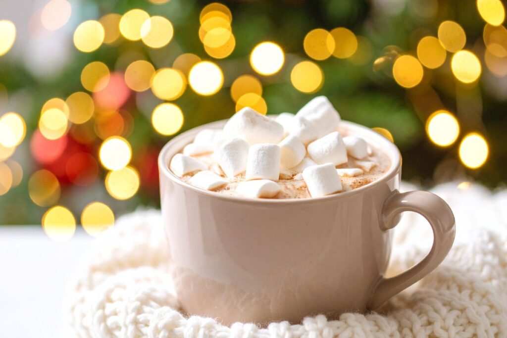 Cup of hot chocolate topped with marshmallows against a glowing Christmas tree background.