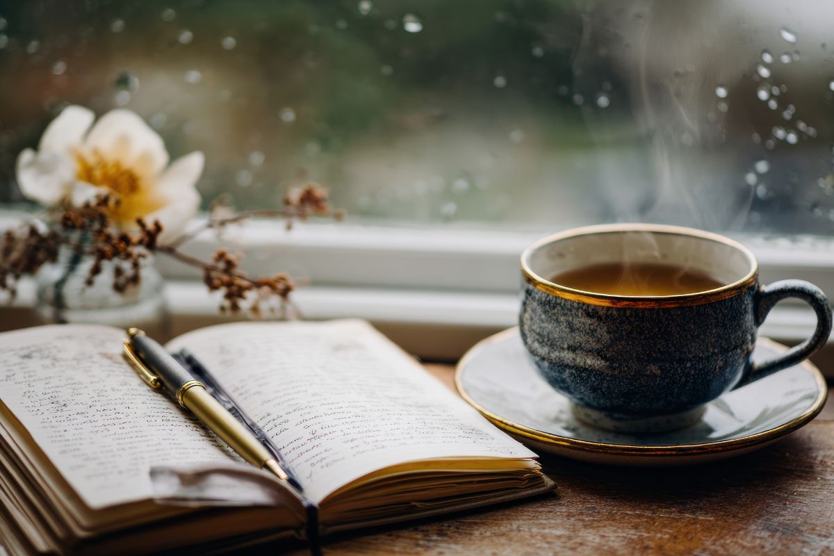 Cozy journal and tea by a rainy window for a peaceful reset.