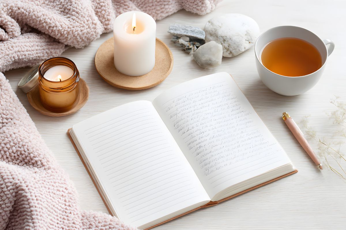 Cozy self-care setup with tea, candles, and journal writing.