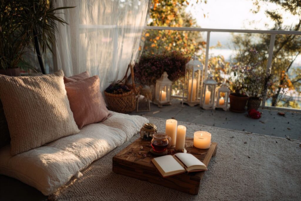 Peaceful balcony corner with candles, cushions, and a journal.