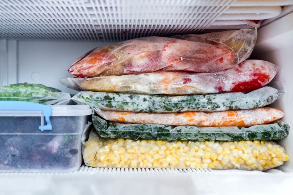 Stacked freezer bags with prepped vegetables and meals ready for holiday cooking.