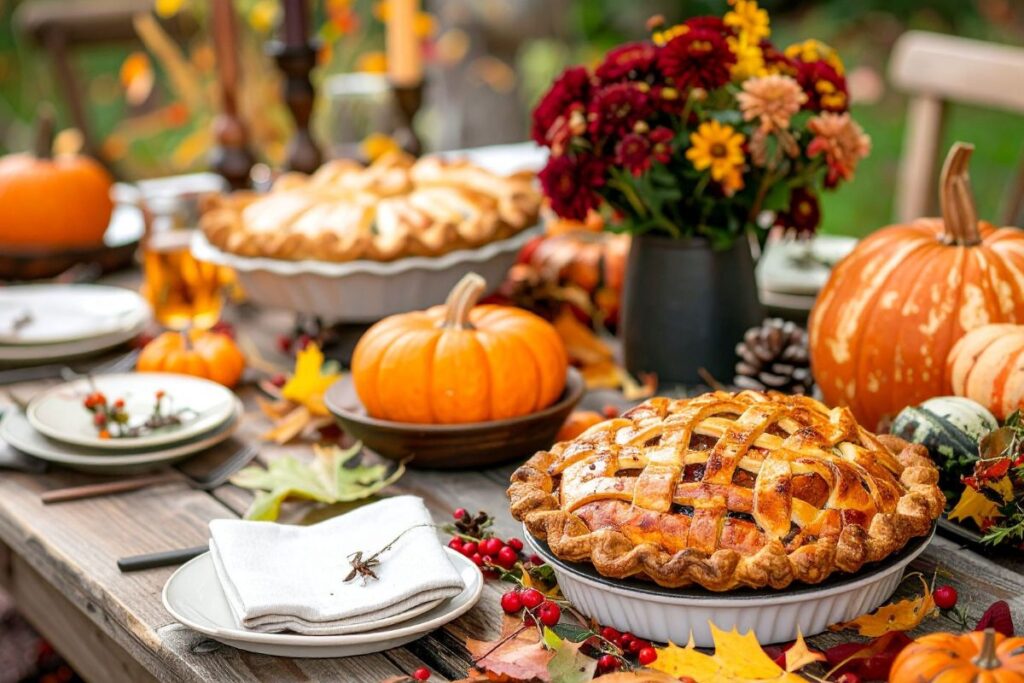 Thanksgiving table with pumpkin pie, autumn leaves, and seasonal decorations.