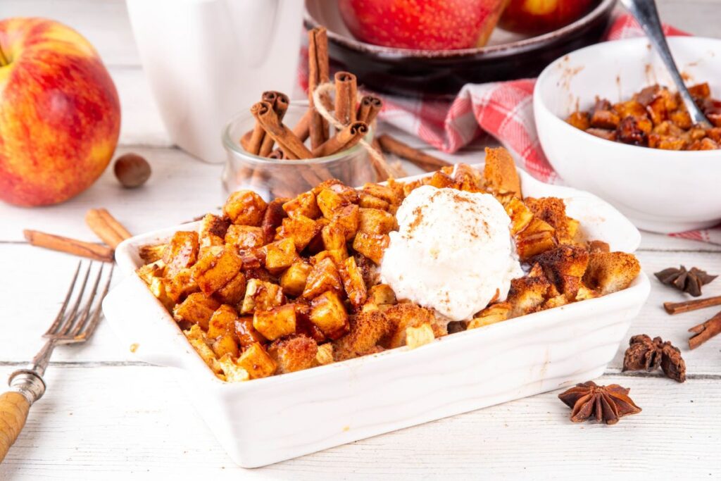 Warm apple cinnamon bake with ice cream and spices for an easy holiday breakfast.