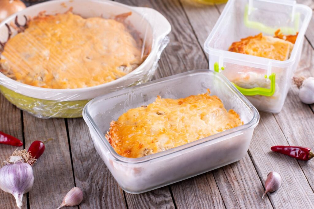 Homemade casseroles stored in labeled freezer containers for make ahead holiday meals.