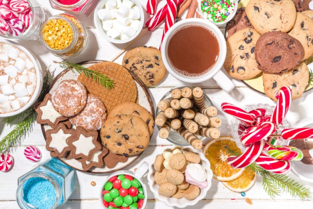 Top view of cookies and hot chocolate bar.