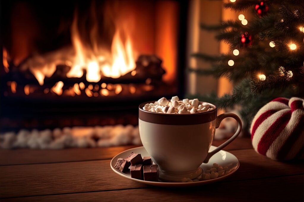 Hot chocolate mug topped with marshmallows in front of a fire place.