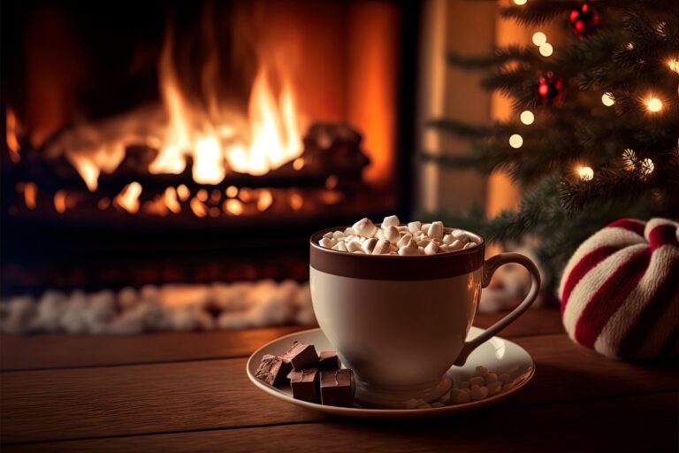 Hot chocolate mug topped with marshmallows in front of a fire place.