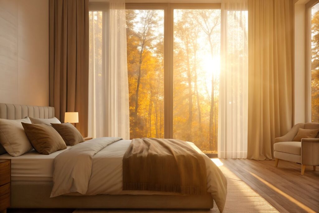 Cozy bedroom with morning sunlight through windows, representing good sleep as a dopamine reset.