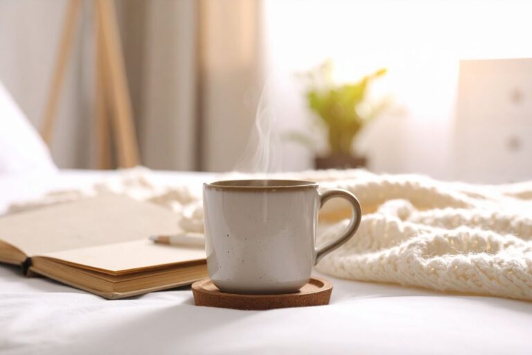 Cozy self care morning with coffee, journal, and warm blanket.
