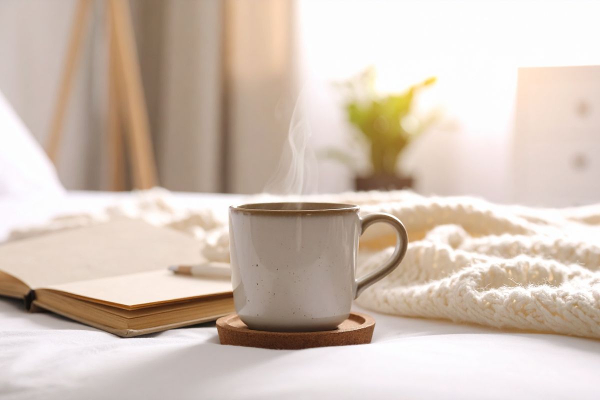 Cozy self care morning with coffee, journal, and warm blanket.
