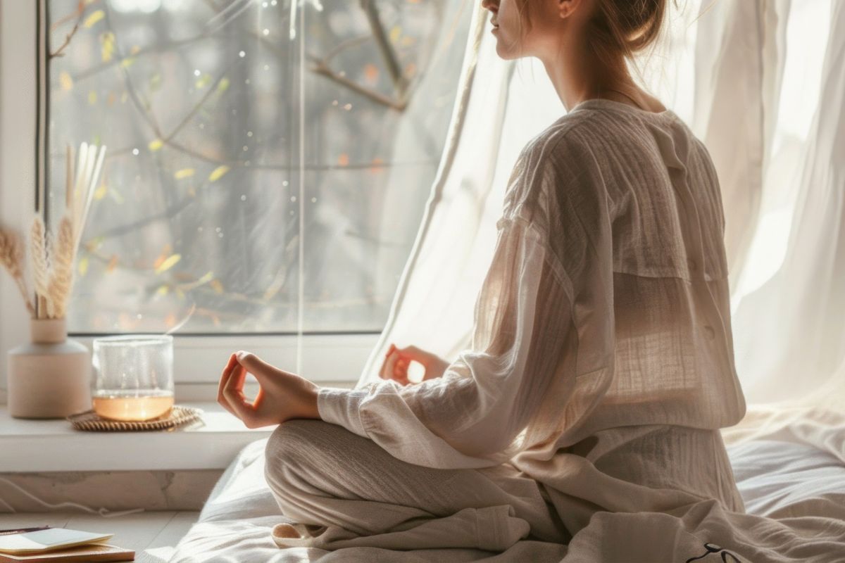 Woman practicing meditation by the window as part of mindful self care.