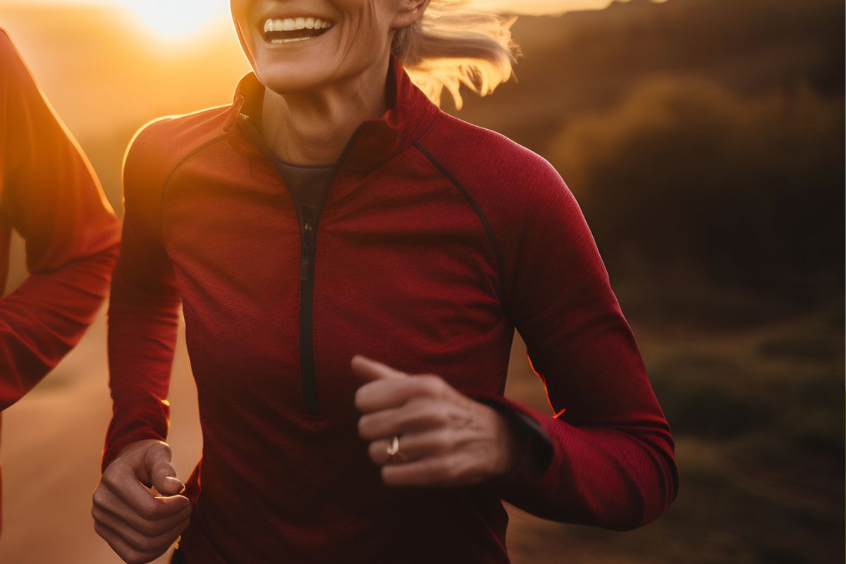 Active woman jogging outdoors in the evening sun, representing strength and healthy living after 50.