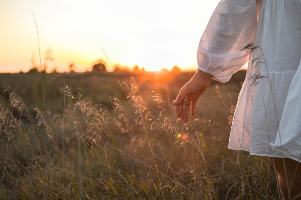 Close-up of a woman’s hand brushing tall grass at sunset, symbolizing renewal and letting go.