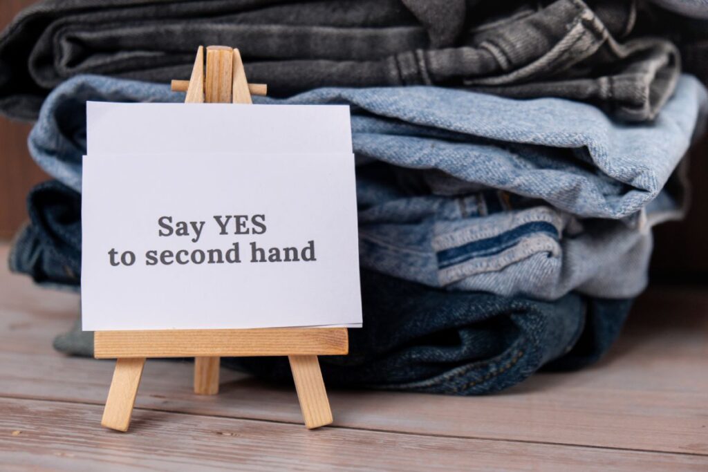 Card reading say yes to second hand placed with stacked jeans.