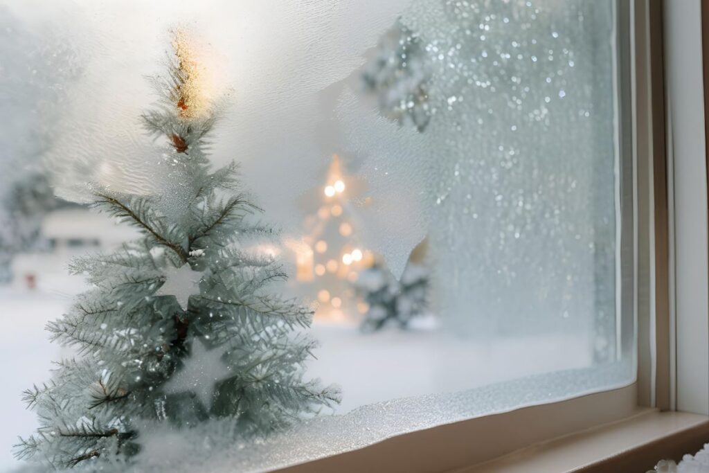 Frosted window with blurred Christmas tree lights glowing in the distance.