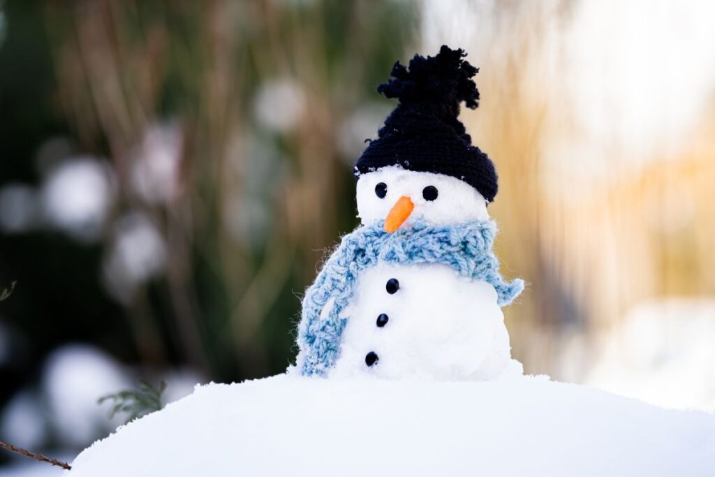 Cheerful snowman wearing knit hat and blue scarf in fresh snow.