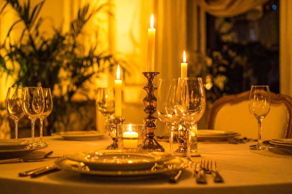 Elegant candlelit French dinner table set with wine glasses and fine plates.
