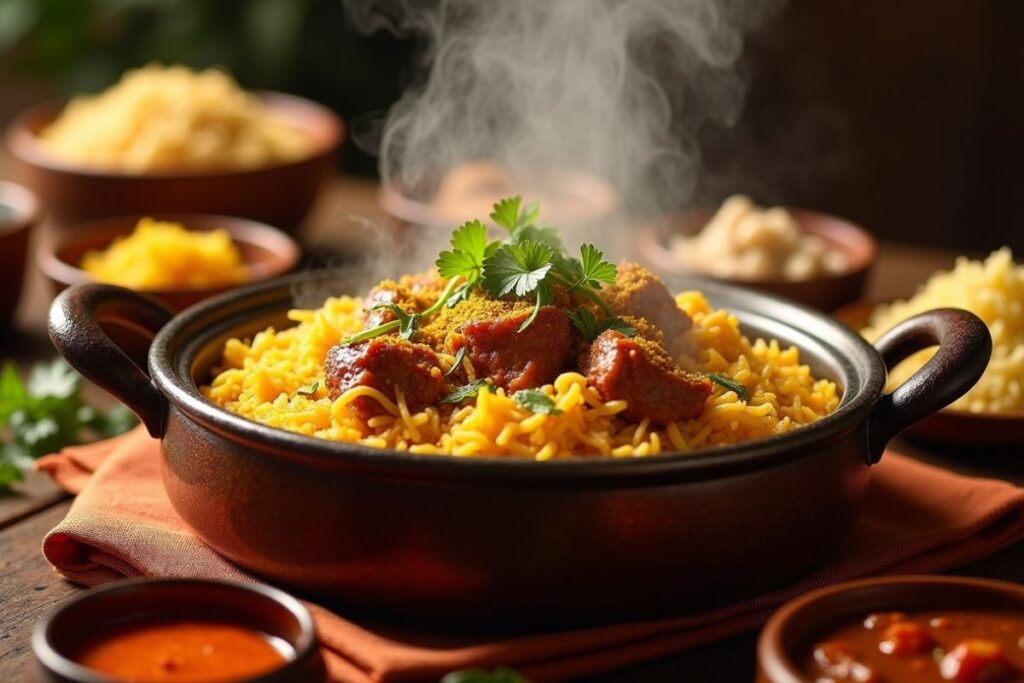 Steaming bowl of biryani garnished with herbs on a wooden table with warm lighting.