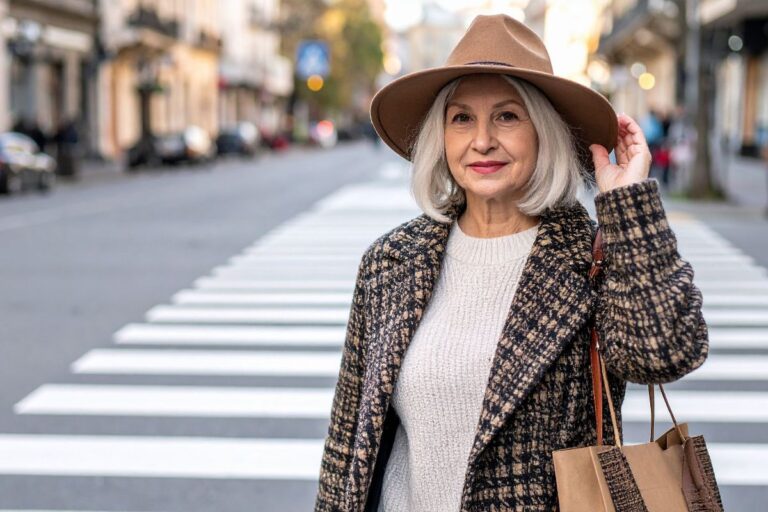 Stylish older woman in a neutral sweater and patterned coat with a tan hat, standing confidently on a city street.