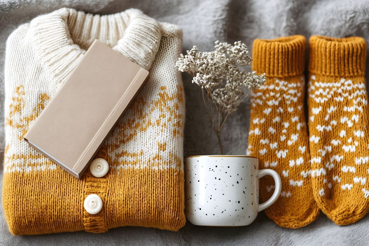 Cozy folded winter sweater with matching knit socks, a speckled mug, and a beige notebook arranged on a soft blanket.