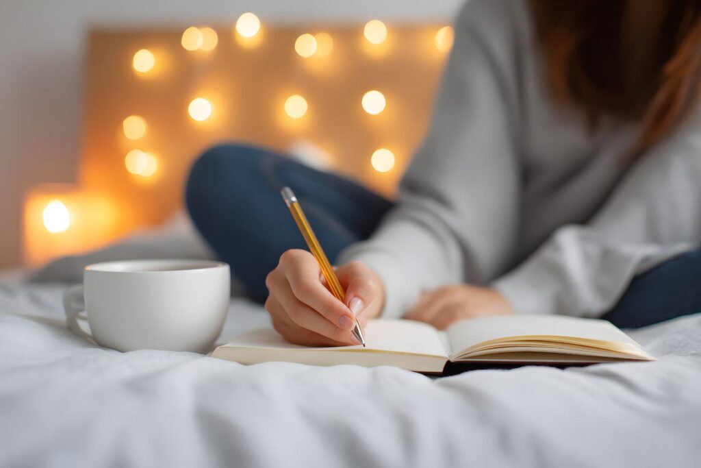 Cozy Christmas coffee and journal reflection with warm holiday lights.