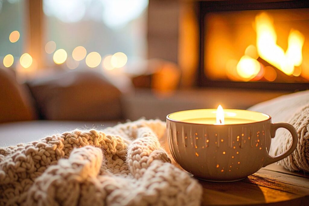 Peaceful Christmas scene with candle, cozy blanket, and fireplace glow.