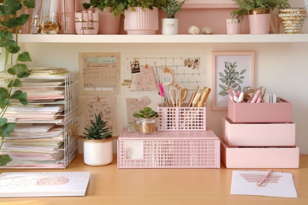 Organized pink and white home office desk with plants and stationery.