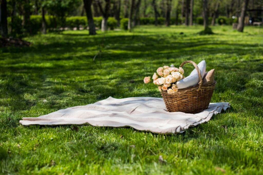 Picnic blanket with basket of flowers on green grass in a sunny park.