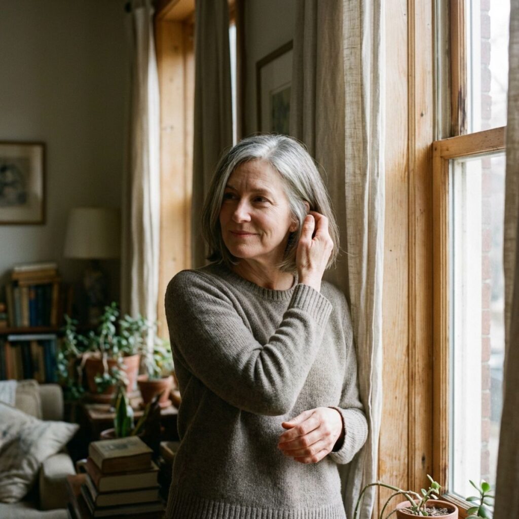 Woman in a sweater standing by a window indoors, gently tucking her hair behind her ear.