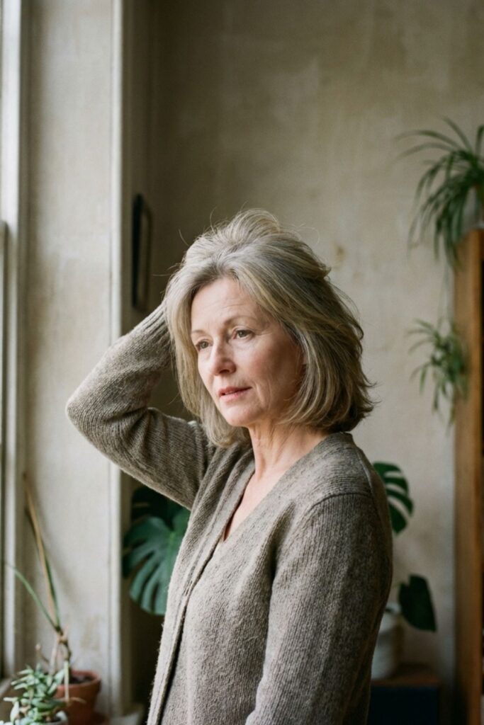 Woman in a cardigan standing indoors by a window, resting her hand on her head thoughtfully.