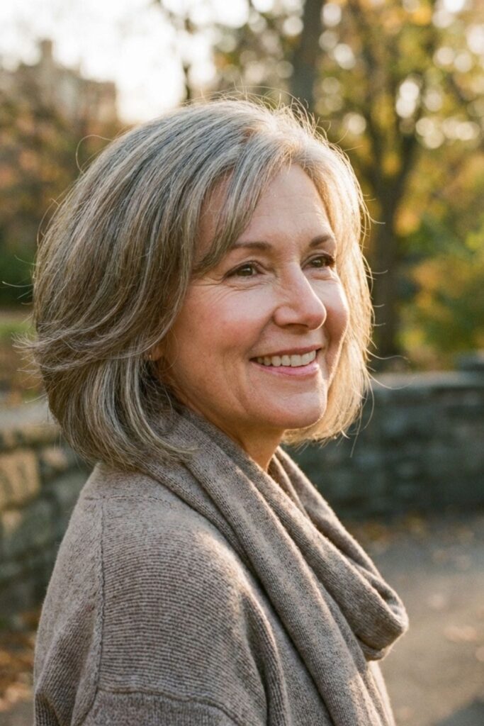 Woman with a soft gray bob smiling outdoors in warm sunlight near a stone wall.
