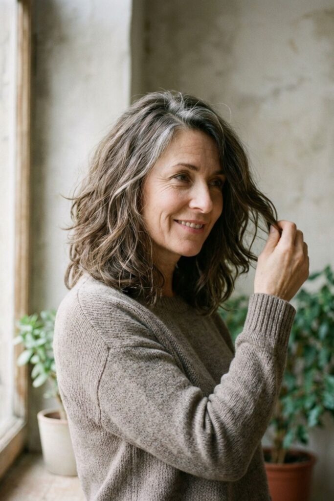 Woman with shoulder-length wavy gray hair standing by a window indoors, gently touching her hair.