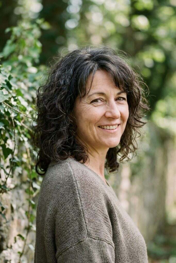 Woman with dark curly hair smiling while standing beside an ivy-covered wall outdoors.