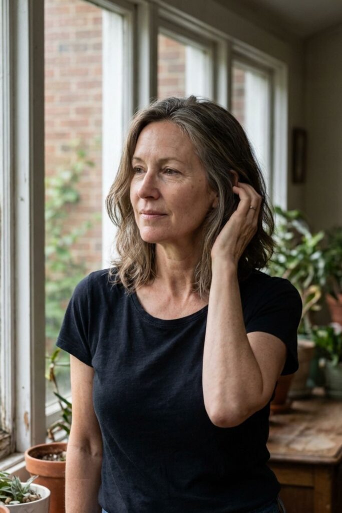 Woman with long gray hair standing indoors by a window with plants, looking thoughtful while touching her hair.