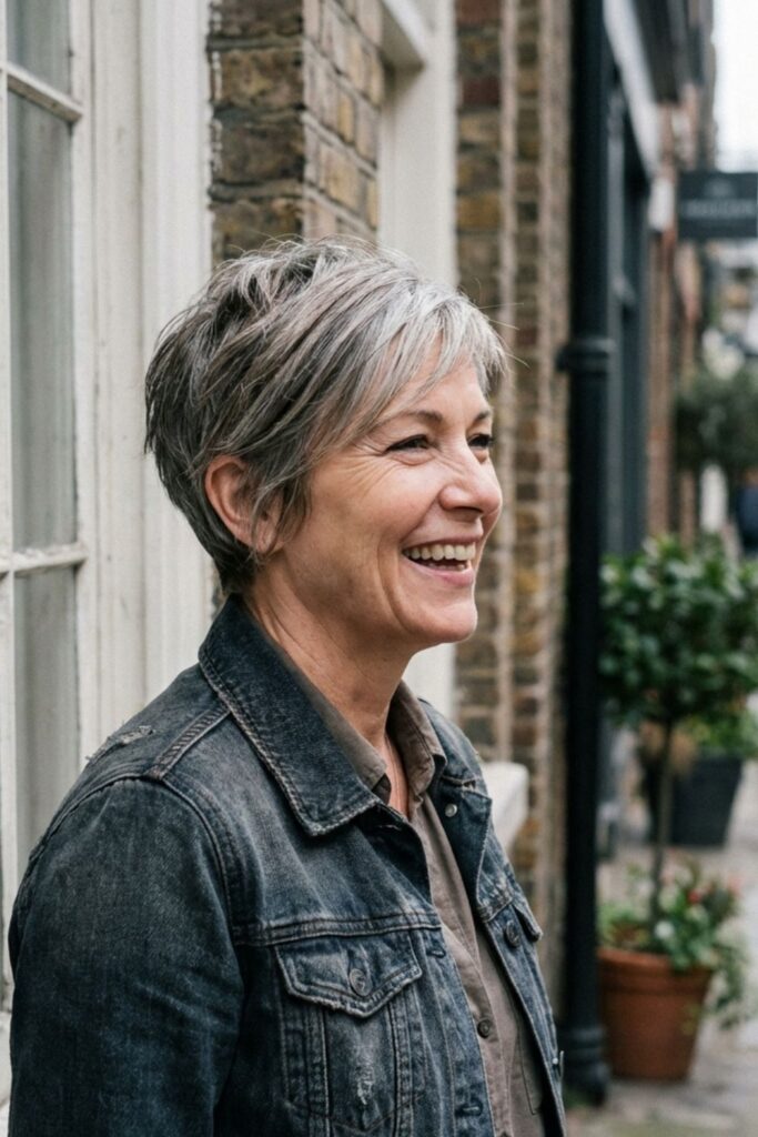 Woman with a short gray pixie cut smiling outside near a storefront on a city street.