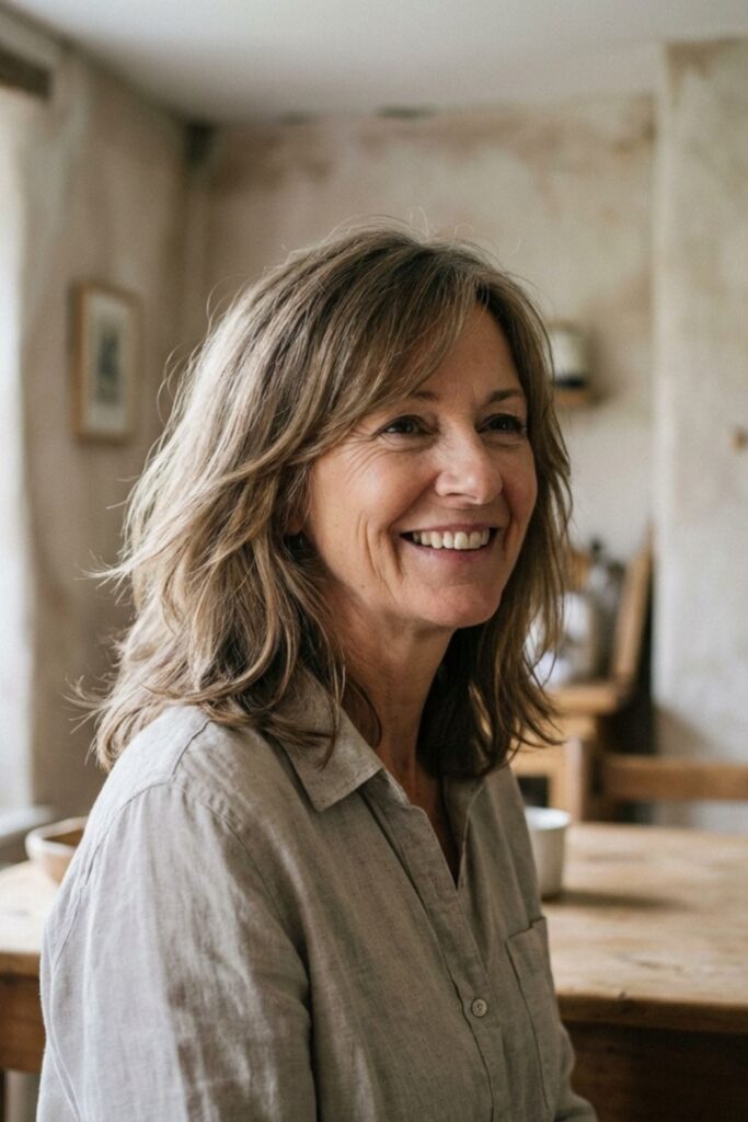 Woman with softly layered shoulder-length hair smiling indoors in a rustic kitchen setting.