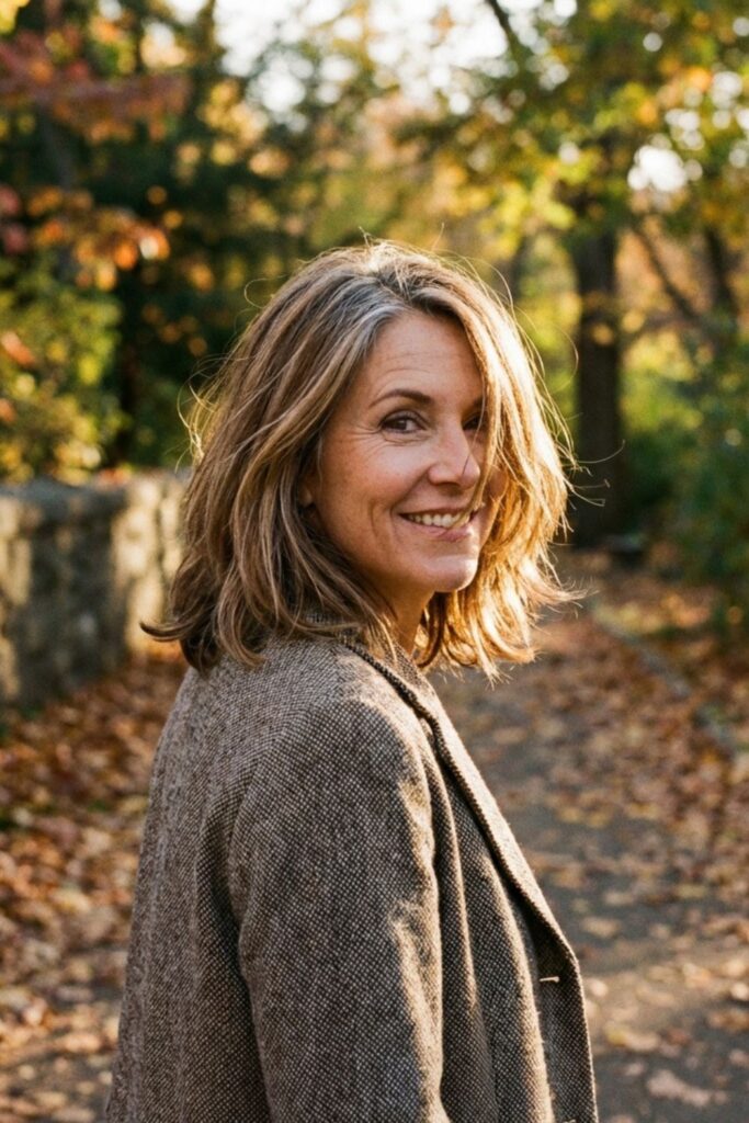 Woman with layered shoulder-length hair smiling outdoors on a tree-lined path covered in autumn leaves.