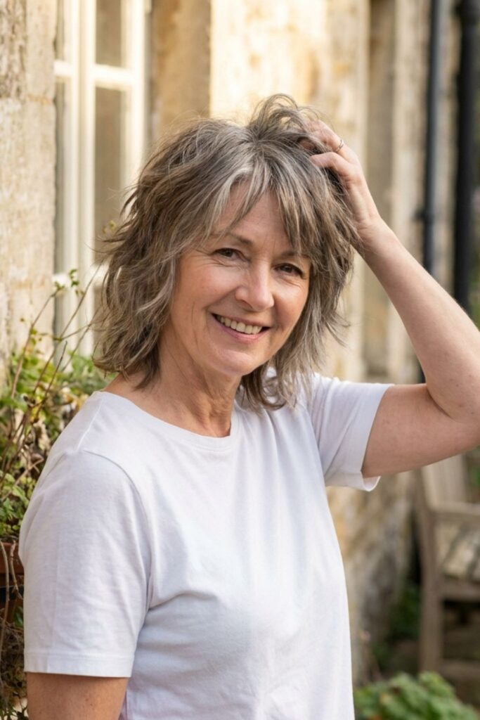 Woman with a shaggy gray hairstyle standing outdoors by a stone wall, smiling while touching her hair.