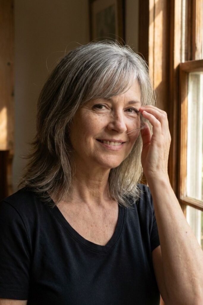 Woman with shoulder-length gray hair smiling by a sunlit window, gently touching her face.