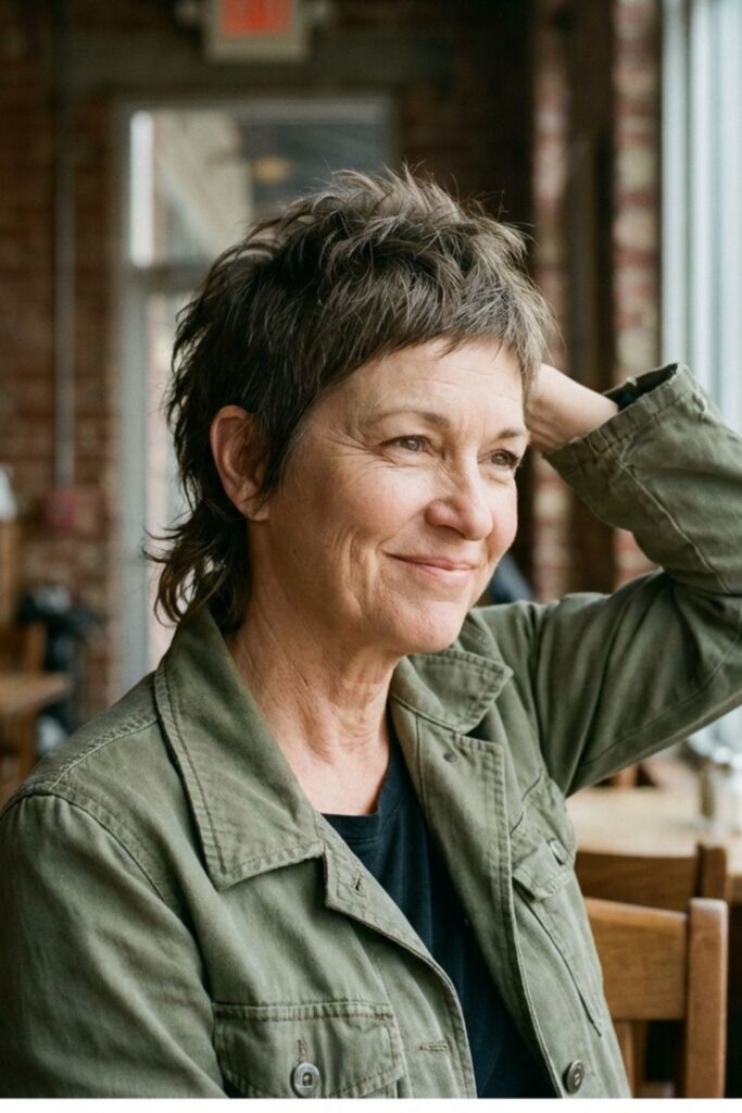 Woman with short textured gray hair sitting indoors by a window, resting her hand on her head and smiling softly.